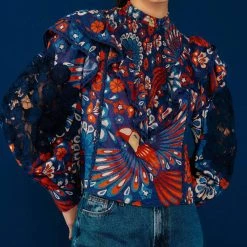 Farm Rio women Pineapple Flowers Blouse in Navy