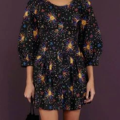 Farm Rio women Rainbow Suns Organic Cotton Mini Dress in Black