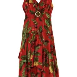 women Farm Rio RED FOREST BIRDS Midi Dress in Red Multi