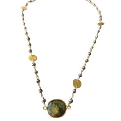 A Blonde and Her Bag women Mrs. Parker Endless Summer Labradorite Necklace with Polished Pyrite Chain in Gold